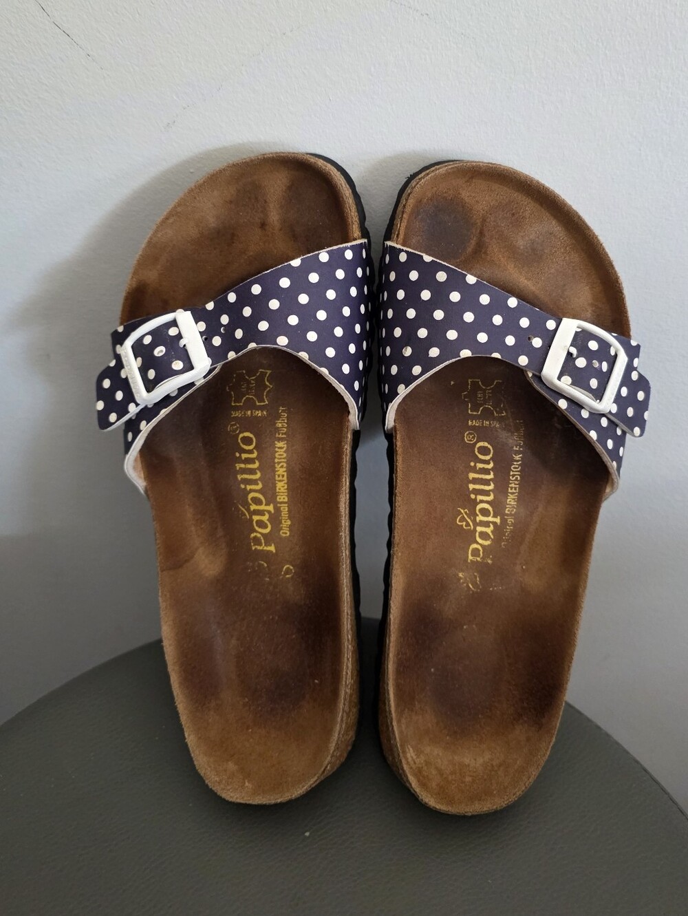 Papillio Birkenstock Madrid Polka Dot Slide Sandals Blue White Single Strap 37